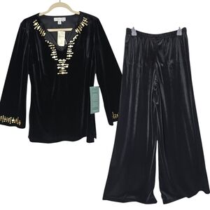 NWT Coldwater Creek 2pc Black Velour Pants Set Top with Gold Sequins MSRP $90